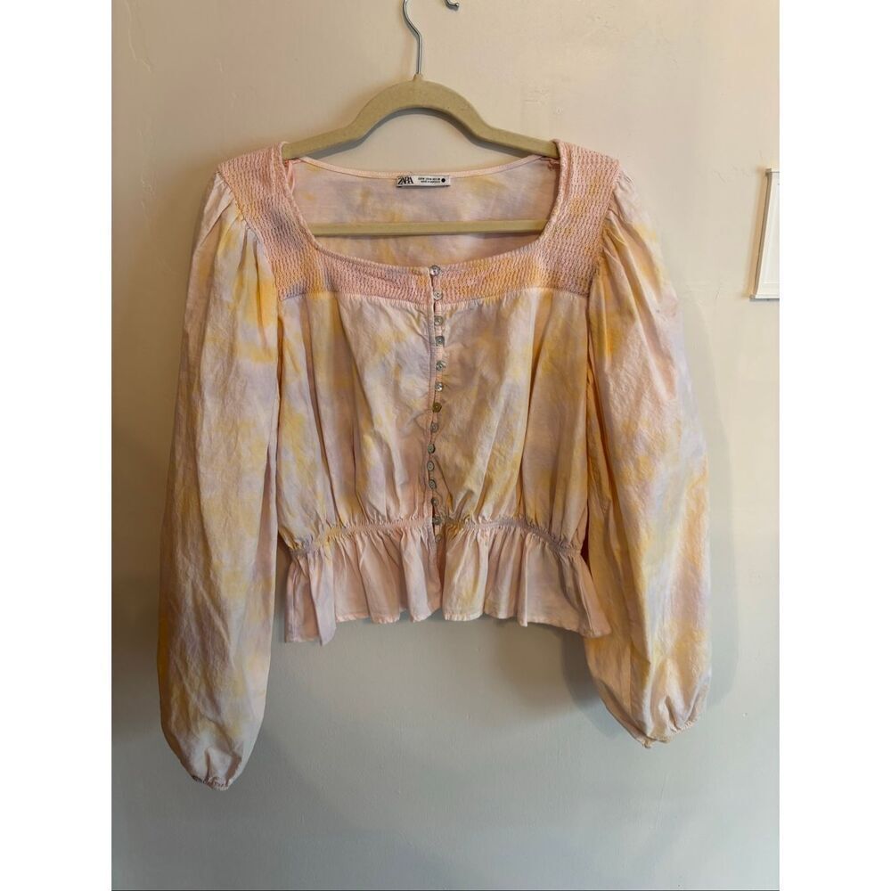Zara Tie Dye Balloon Sleeve Peasant Top Size M